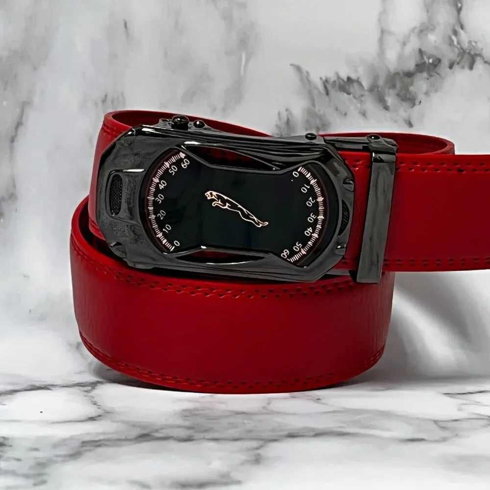 Red‎ Leather Ratchet Belt Automatic Car Buckle Fits 28in-50in Blue Dress Jeans